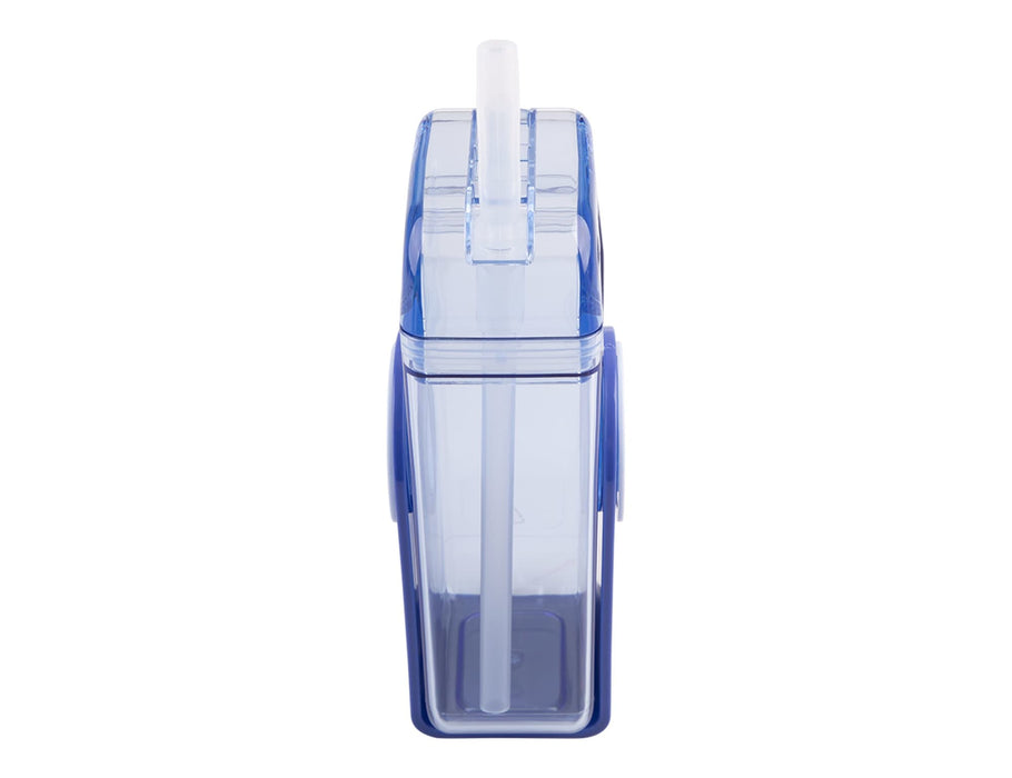 Oasis 300ml Kid's Tritan Juice Box - A drink bottle featuring a clear blue design, with a straw and a logo present on the container.