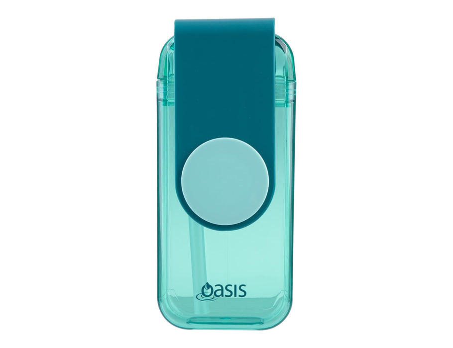 Oasis 300ml Kid's Tritan Juice Box - A drink bottle featuring a teal body with a blue lid and a straw, complete with a logo.