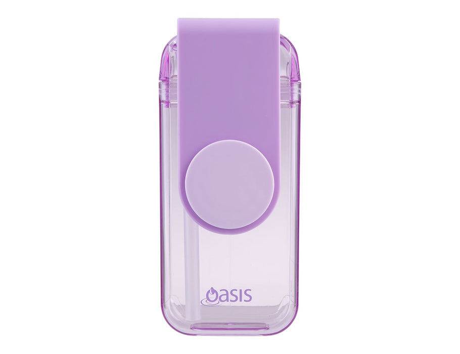 Oasis 300ml Kid's Tritan Juice Box - A drink bottle in purple and clear Tritan material featuring a logo. Compact design with a flip-top cap.