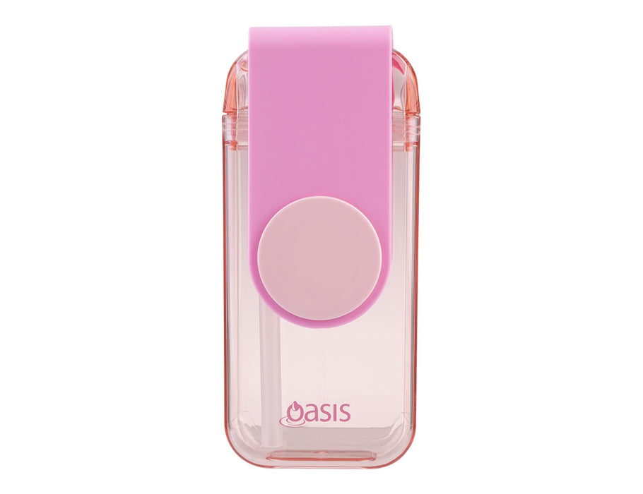 Oasis 300ml Kid's Tritan Juice Box - A drink bottle featuring a pink lid and base, with a clear body and a logo on the front.