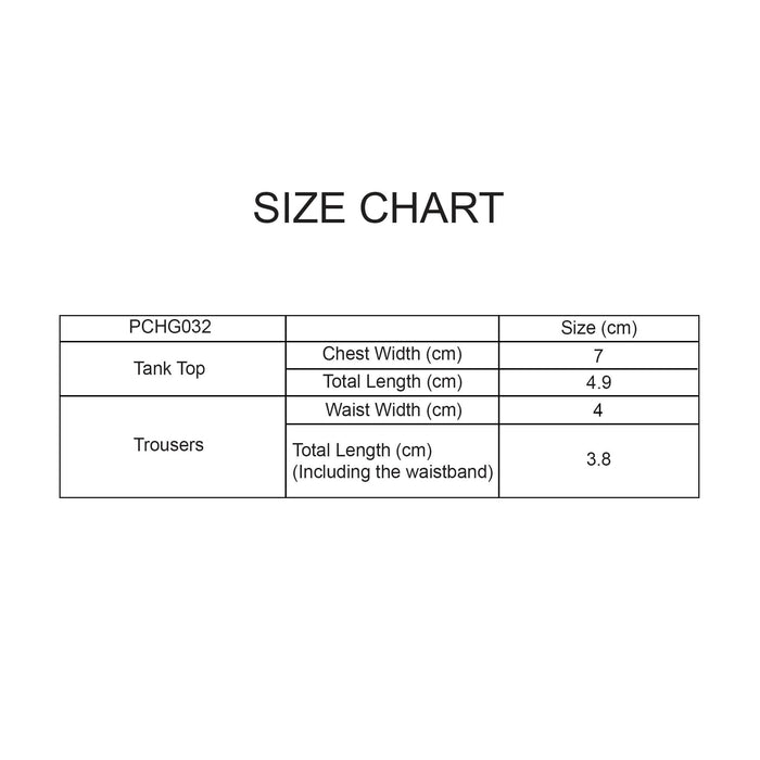 Plush Doll Jersey Outfit (15–17cm Doll) - A size chart detailing measurements for a tank top and trousers, including chest width, total length, and waist width.