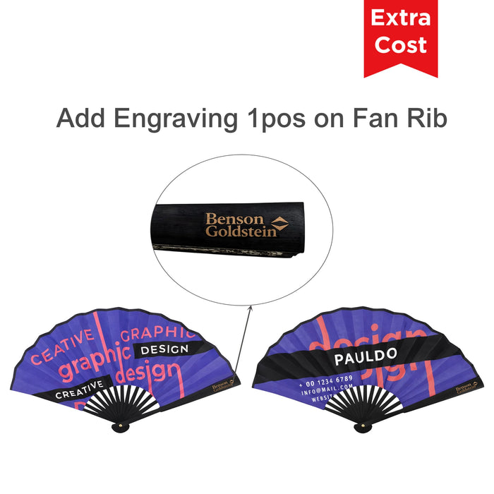 8inch Bamboo Fabric Hand Fan - A bamboo hand fan featuring a mix of purple and black with creative graphic design. It includes a branding logo.