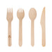 Pack of 100 Per Pack Disposable Wooden Cutlery - (Forks /Spoons/Knives/2 in 1 Spoon and fork)-(Big) - A set of wooden cutlery including forks, spoons, and knives, all in a natural wood colour. The cutlery features a logo.