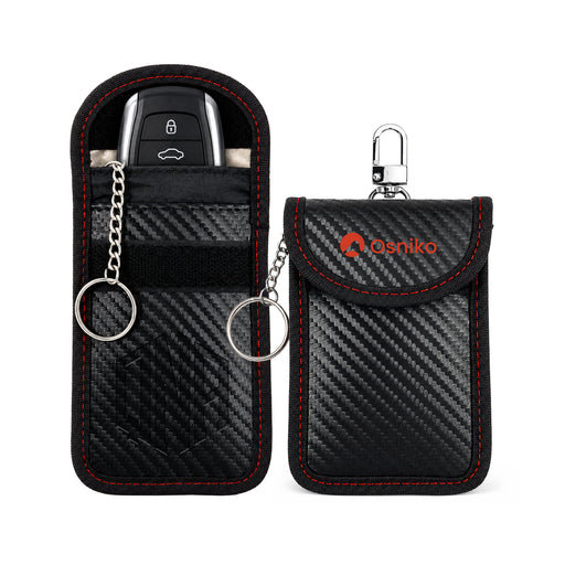 Carbon Fibre Faraday Key Pouch - A black carbon fibre key pouch with red stitching, featuring a clip and keyring attachment, and a branded logo.