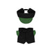 Plush Doll Racing Suit Set (10cm Doll) - A plush doll racing suit set in black with green accents, including a cap and shorts. Features a logo.