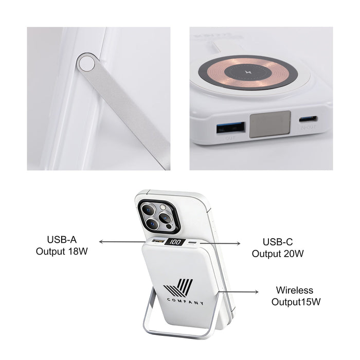 10000mAh Magnetic Wireless  Power Bank with Phone Stand - A white 10,000mAh magnetic wireless power bank with phone stand and USB ports, featuring a logo.