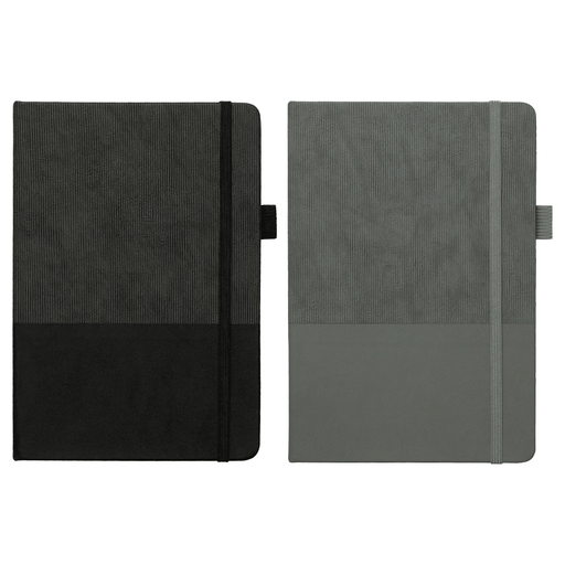 A5 Thermo Notebook w/ Recycled Paper - A5 thermo notebook with a recycled paper cover, featuring a black and grey design, and an elastic band closure.