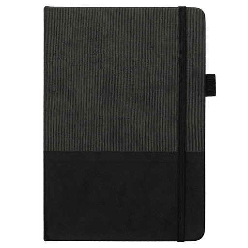 A5 Thermo Notebook w/ Recycled Paper - A5 thermo notebook in black with a textured cover and black elastic band closure, featuring a logo.