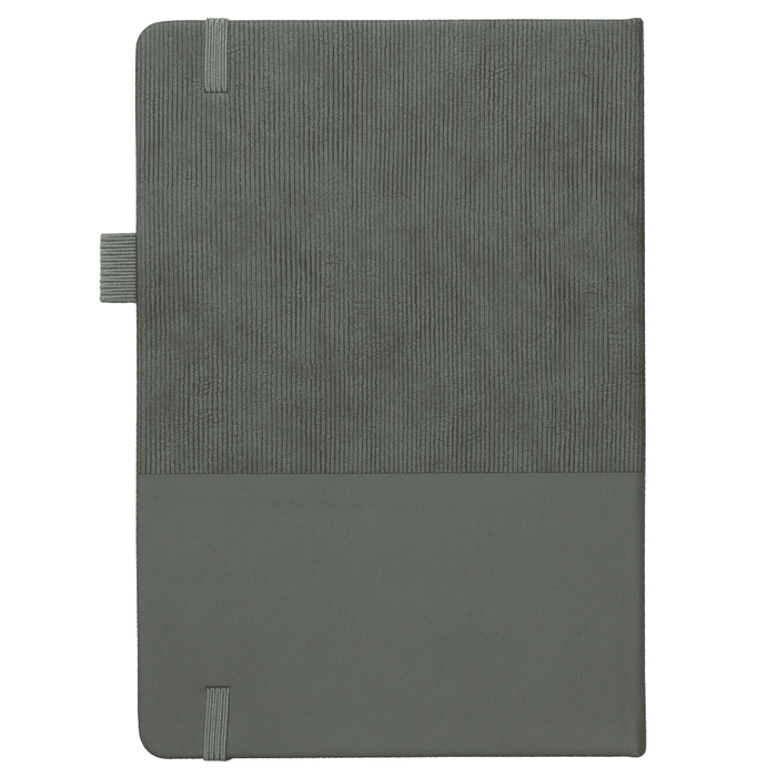 A5 Thermo Notebook w/ Recycled Paper - A5 notebook in grey with a textured cover and elastic closure, featuring recycled paper. It includes a logo.