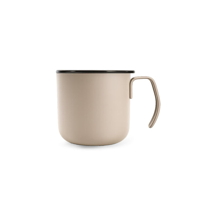 350ML Camping Stainless Steel Insulated Mug - A stainless steel insulated mug in a beige colour with a black rim and handle. It features a logo.