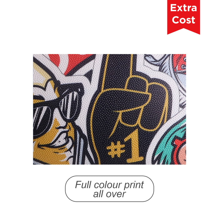 Mini Aussie Rules Ball - A close-up of a fabric featuring vibrant full-colour print designs with various graphics and patterns.