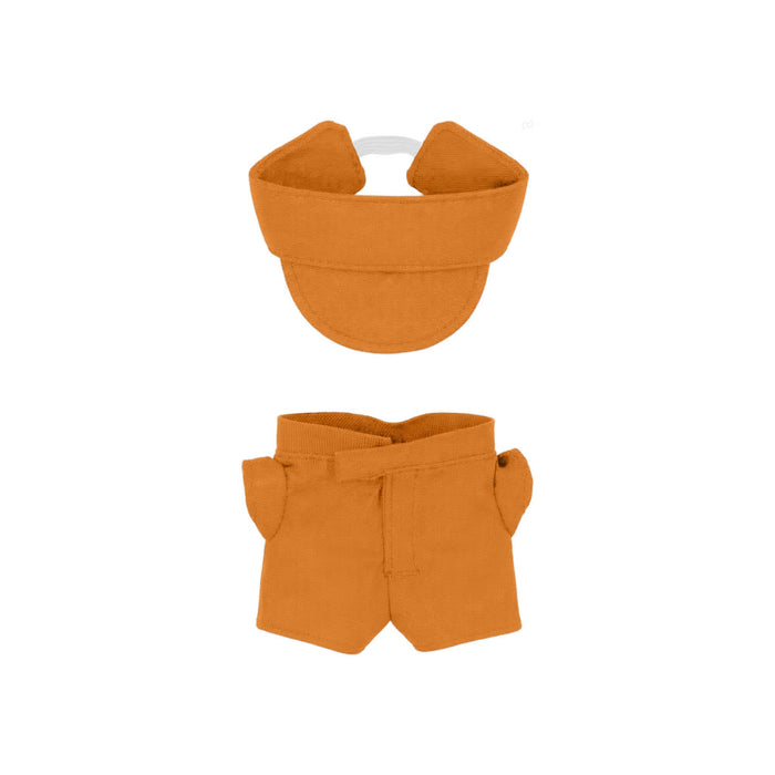 Plush Doll Racing Suit Set (10cm Doll) - An orange plush doll racing suit set featuring a cap and shorts, designed for a 10cm doll.