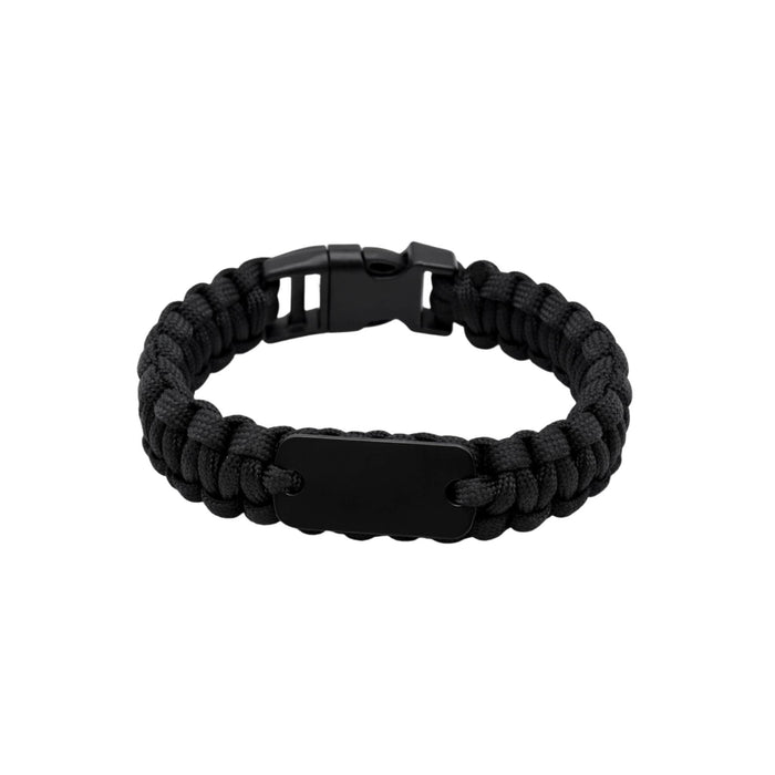 Paracord Bracelet with Metal Plate - A black paracord bracelet featuring a metal plate and a plastic buckle closure.
