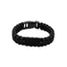 Paracord Bracelet with Metal Plate - A black paracord bracelet featuring a metal plate and a plastic buckle closure.