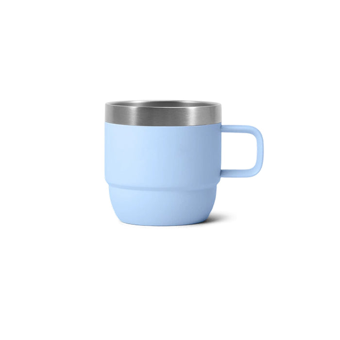 Stackable Stainless Steel Mug - A stackable stainless steel mug in light blue with a stainless steel rim and a handle. It features a simple design.
