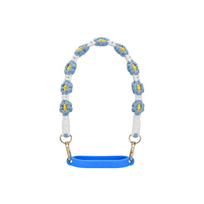 Woven Flower Tumbler Strap - A drink bottle strap in blue with woven flowers in white and yellow, featuring metal clips for attachment.