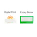 Custom Reusable Acrylic Name Badge - Two custom reusable acrylic name badges: one in white with an orange design and one in green with a simple shape.