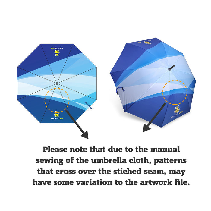 Anti-rebound Folding Umbrella - An anti-rebound folding umbrella in shades of blue with a logo, featuring a unique patterned design on its canopy.