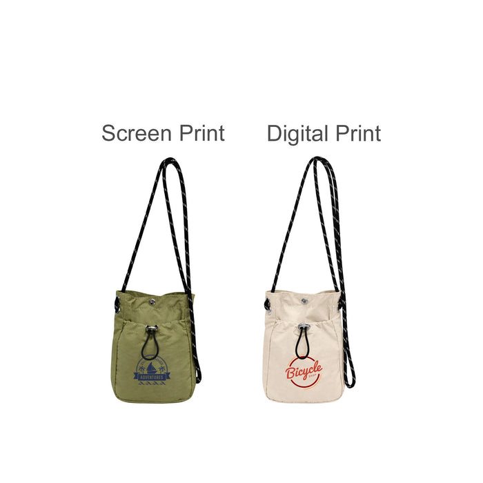Lightweight Shoulder Phone Bag - A lightweight shoulder phone bag in olive green and cream, featuring adjustable straps and a logo.