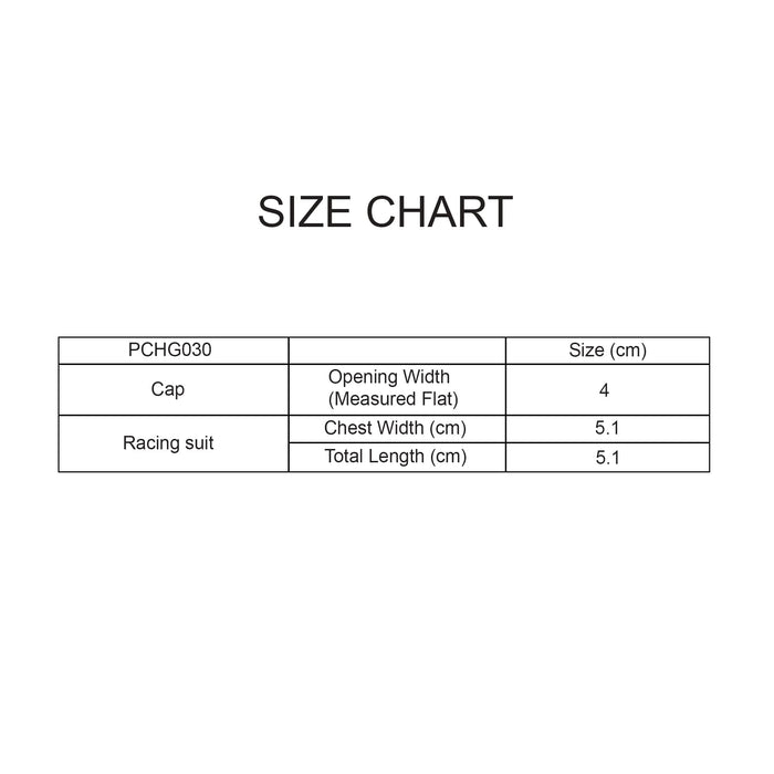 Plush Doll Racing Suit Set (10cm Doll) - A size chart displaying measurements for a plush doll racing suit set, including cap and suit dimensions in centimetres.