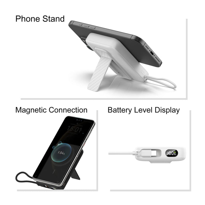 10000mAh Magnetic Wireless  Power Bank with Charging Cable - A white magnetic wireless power bank with a charging cable, phone stand, and battery level display.
