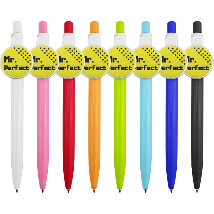 Button Badge Pen - A collection of plastic pens in various colours including white, pink, red, orange, green, blue, and black, each with a logo.
