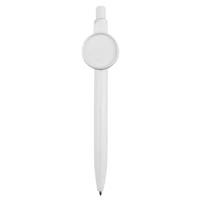 Button Badge Pen - A white plastic pen with a circular button at the top, featuring a logo.
