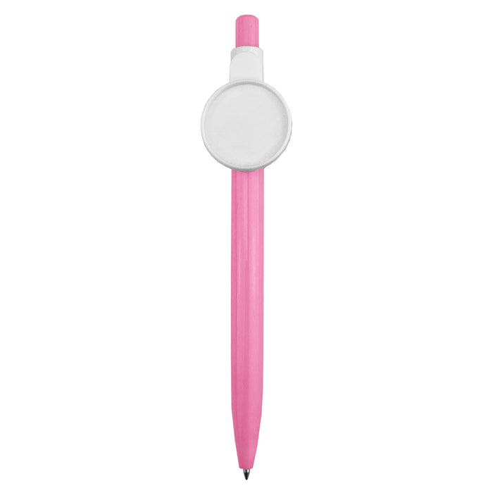 Button Badge Pen - A pink pen with a white circular button at the top and a black writing tip, featuring a logo.
