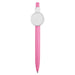 Button Badge Pen - A pink pen with a white circular button at the top and a black writing tip, featuring a logo.