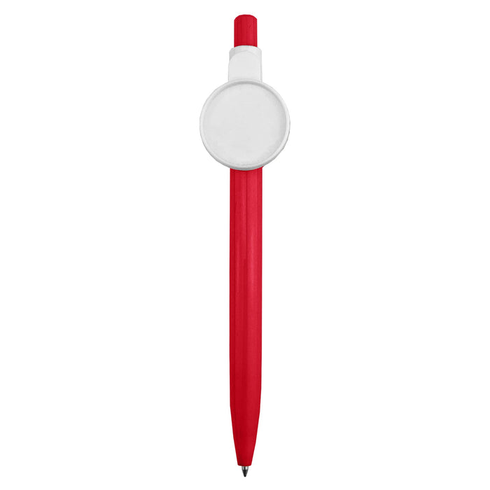 Button Badge Pen - A red plastic pen with a white button badge at the top and a black writing tip.