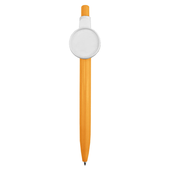 Button Badge Pen - An orange plastic pen featuring a circular white button at the top. It has a logo displayed on the button.