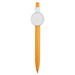 Button Badge Pen - An orange plastic pen featuring a circular white button at the top. It has a logo displayed on the button.