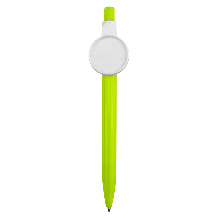 Button Badge Pen - A bright green plastic pen with a circular white badge at the top and a black writing tip.