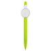 Button Badge Pen - A bright green plastic pen with a circular white badge at the top and a black writing tip.