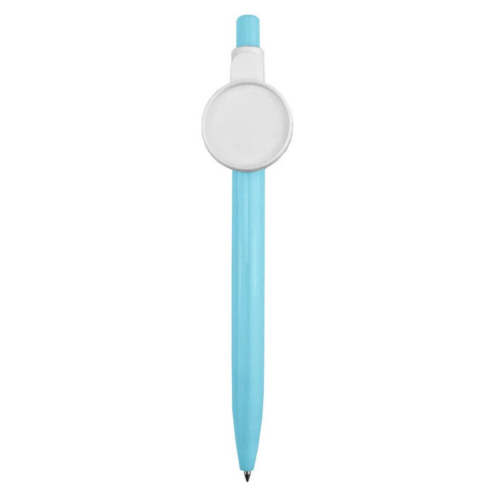 Button Badge Pen - A turquoise plastic pen featuring a circular white button badge at the top. It includes a branding logo.