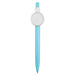 Button Badge Pen - A turquoise plastic pen featuring a circular white button badge at the top. It includes a branding logo.