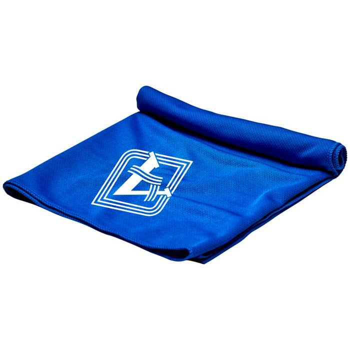 Cooling Towel - A folded blue cooling towel with a logo, designed for leisure and outdoor activities.