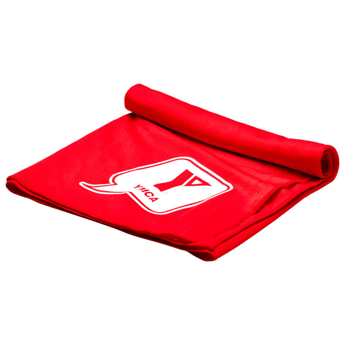 Cooling Towel - A red cooling towel, rolled and laid flat, featuring a logo. Ideal for leisure and outdoor activities.