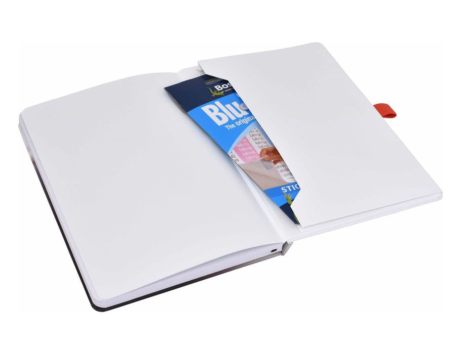 Designa Breeze A5 Notebook - A soft-touch A5 notebook with a black cover, featuring a red ribbon marker and an open page displaying a blue flyer inside.
