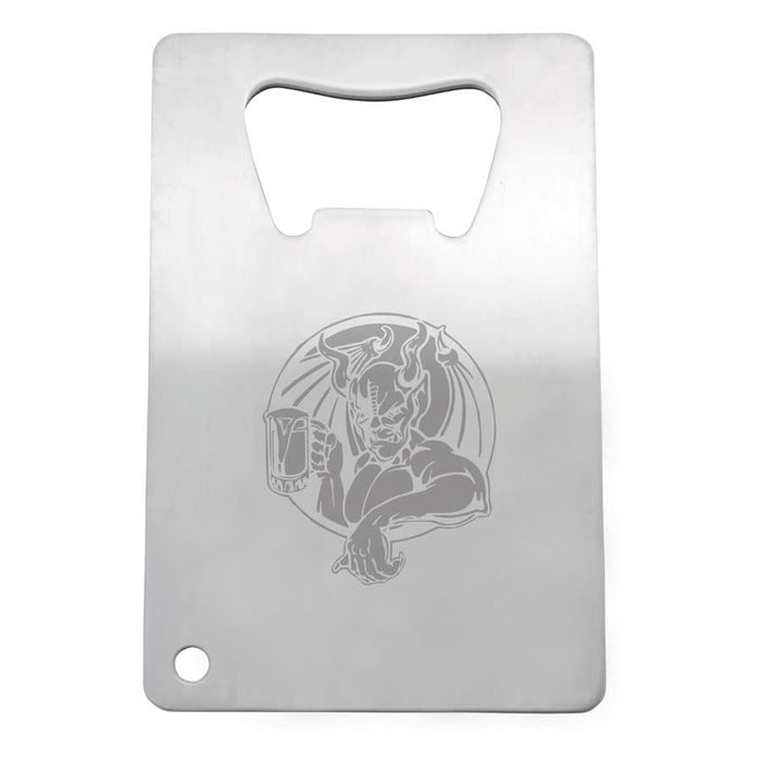 Stainless Credit Card Bottle Opener - A stainless steel credit card bottle opener featuring a decorative engraving and a circular cutout for attaching a keyring.