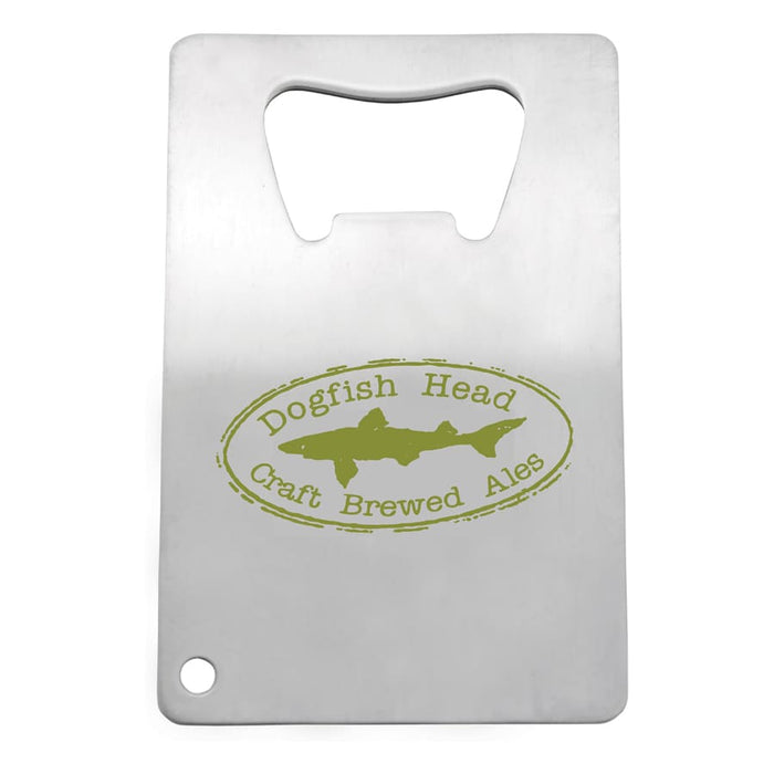 Stainless Credit Card Bottle Opener - A stainless steel credit card bottle opener with a green logo and an ergonomic opening feature.