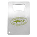 Stainless Credit Card Bottle Opener - A stainless steel credit card bottle opener with a green logo and an ergonomic opening feature.