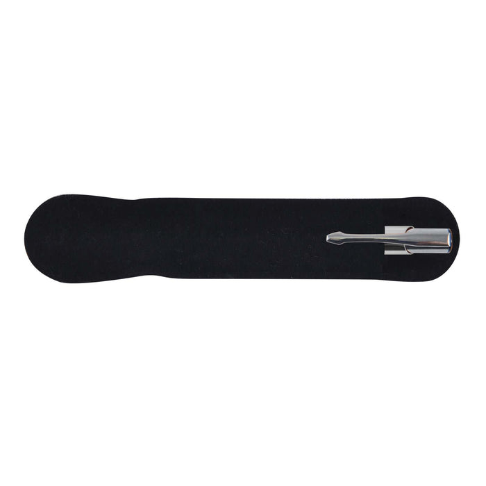 Napier Gel Ink Pen - A silver metal pen rests on a black velvet holder, showcasing its sleek design.