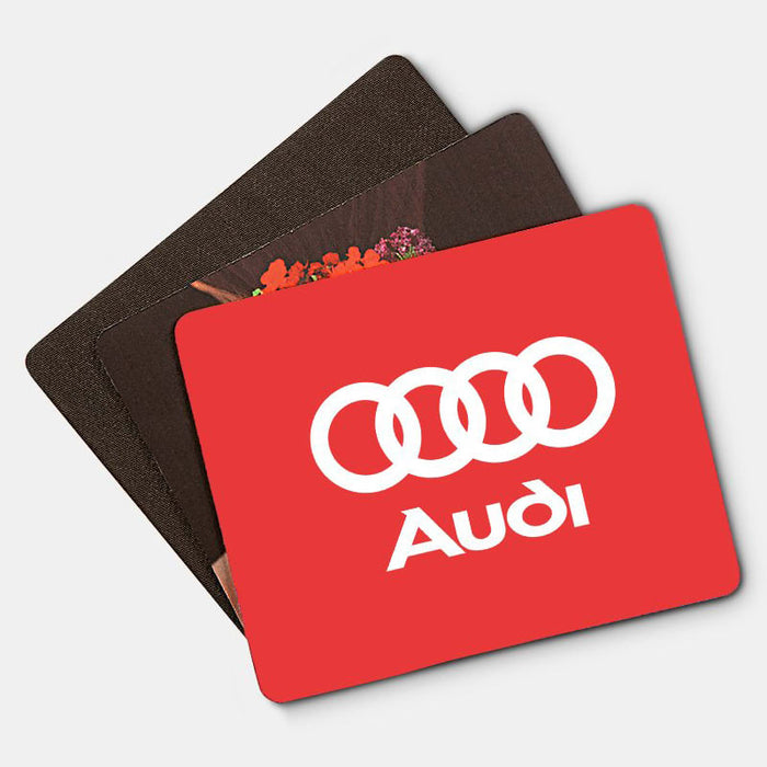 Fabric Mouse Mat (225mm x 185mm) - A set of three mouse mats in various colours, including a red one with a logo and two in darker tones.