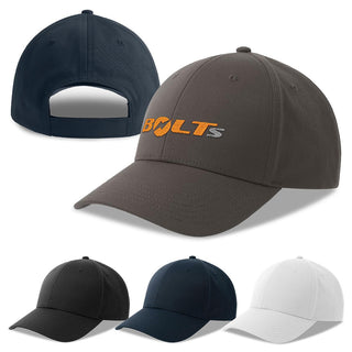 Bolt-S Recycled Polyester - A collection of caps in grey, black, navy, and white, featuring a branded logo on the front.