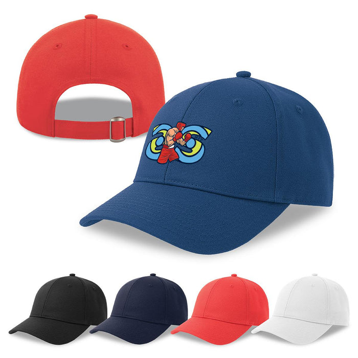 Hit-S Recycled/Organic Cotton - A blue cap with a logo displayed on the front, alongside black, navy, red, and white variations.