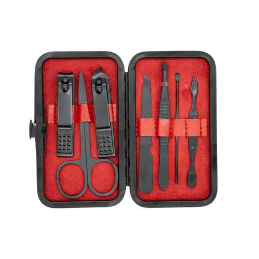 Mall Manicure set - A black manicure set with red lining, featuring scissors, clippers, and various grooming tools in a compact case.