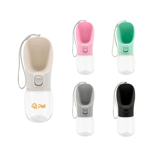 300ml Portable Pet Water Bottle - A drink bottle for pets in pink, mint, grey, black, and beige, featuring a logo and a leash attachment.