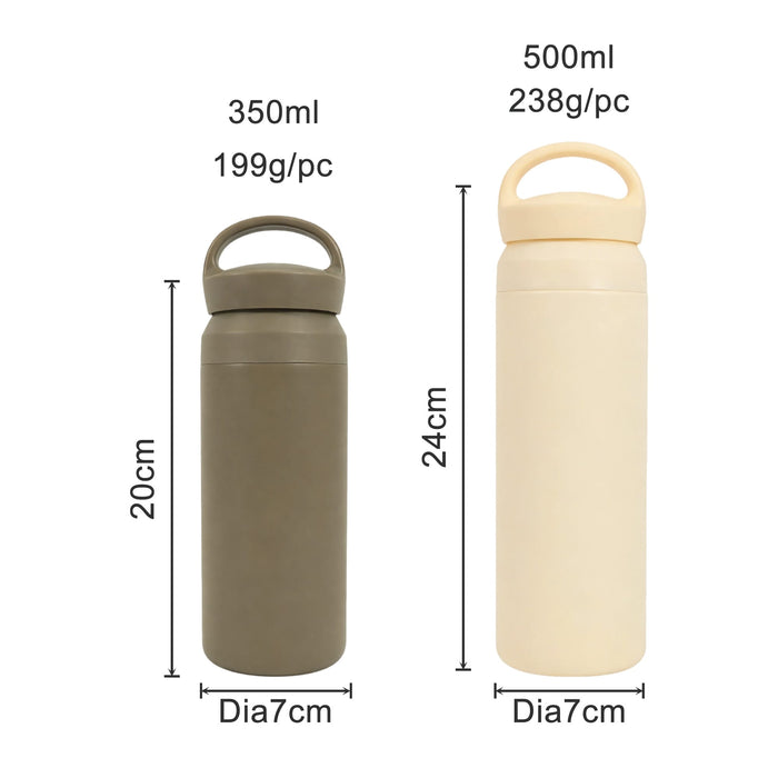 350ML/500ML Double Wall Stainless Steel Drink Bottle with Handle - A drink bottle duo featuring a 350ml olive green option and a 500ml beige option, both with handles and a logo.