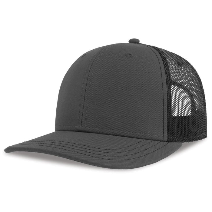Sonic-S Organic/Recycled Trucker - A dark grey trucker cap featuring a solid front panel and mesh back. It includes a branding logo.